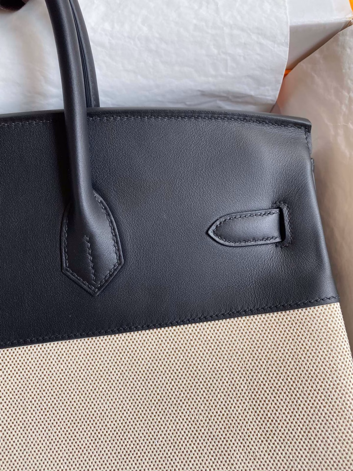 Hermes Birkin 35 Handmade Bag In Toile & Black Swift Leather - Image 8