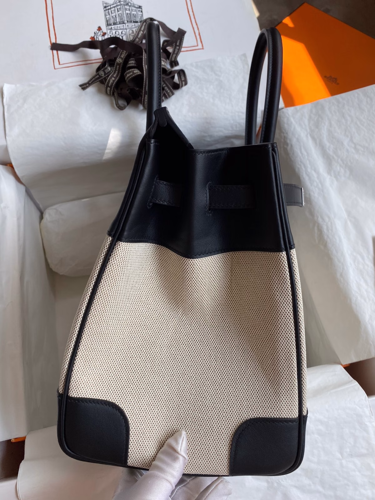 Hermes Birkin 35 Handmade Bag In Toile & Black Swift Leather - Image 9