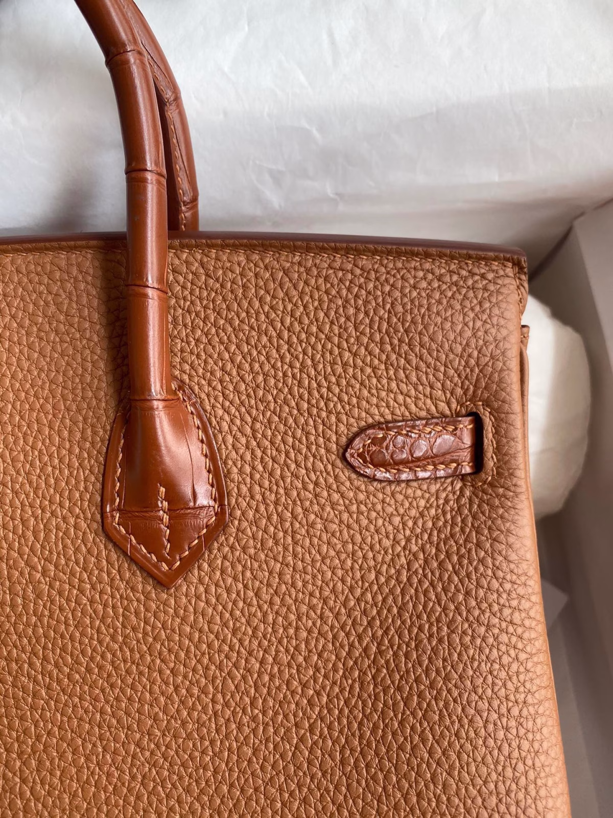 Hermes Touch Birkin 25 Bag in Gold Togo and Matte Alligator Leather - Image 8