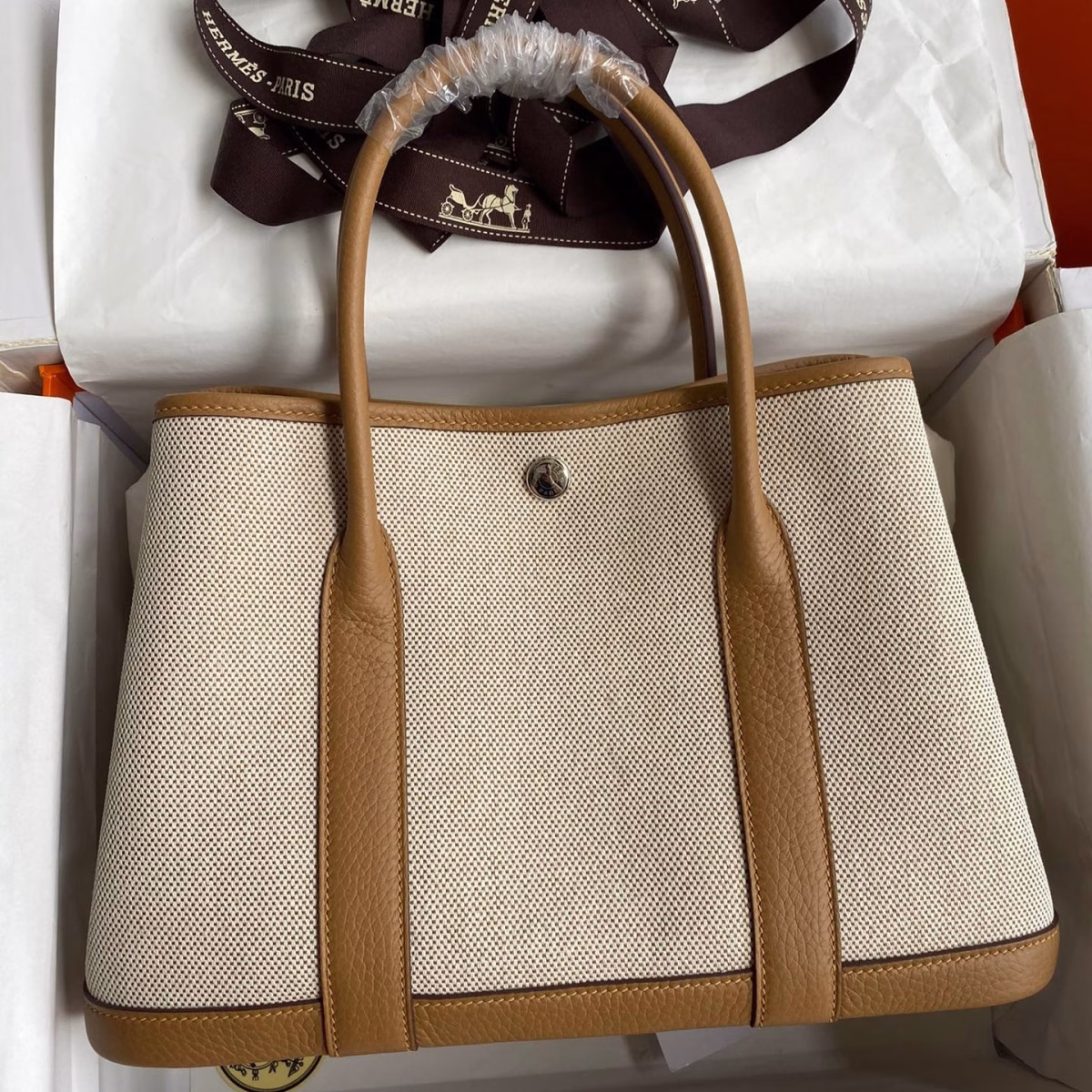 Hermes Garden Party 30 Handmade Bag in Toile and Biscuit Leather - Image 1