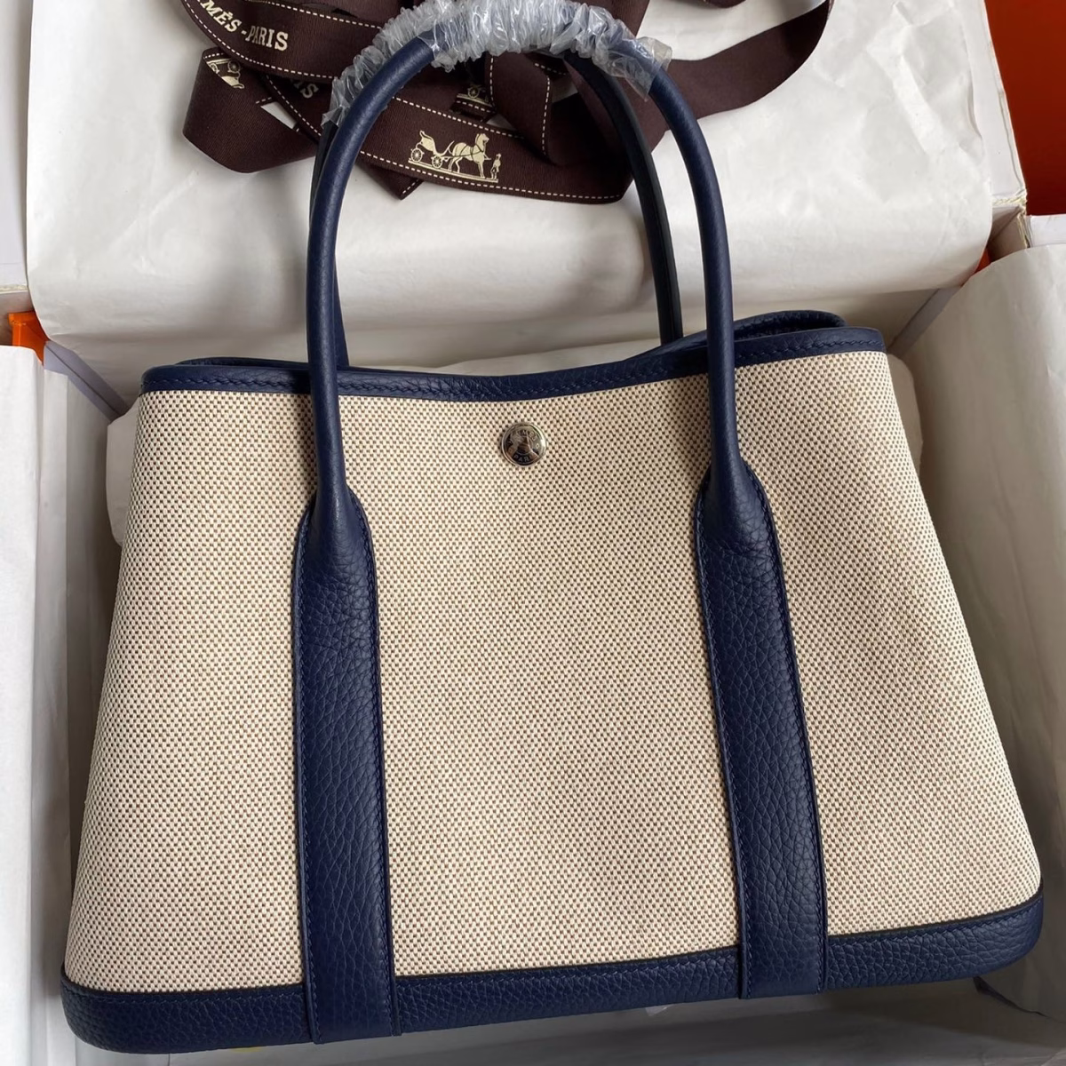 Hermes Garden Party 30 Handmade Bag in Toile and Blue Leather - Image 1