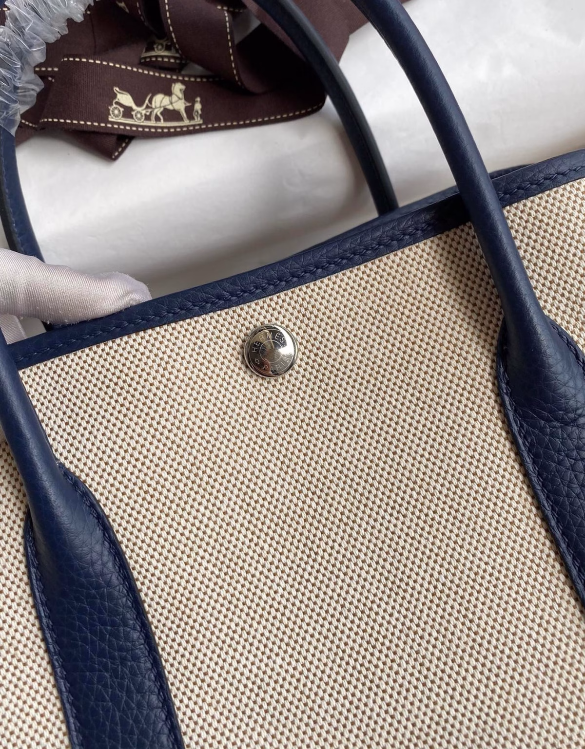 Hermes Garden Party 30 Handmade Bag in Toile and Blue Leather - Image 5