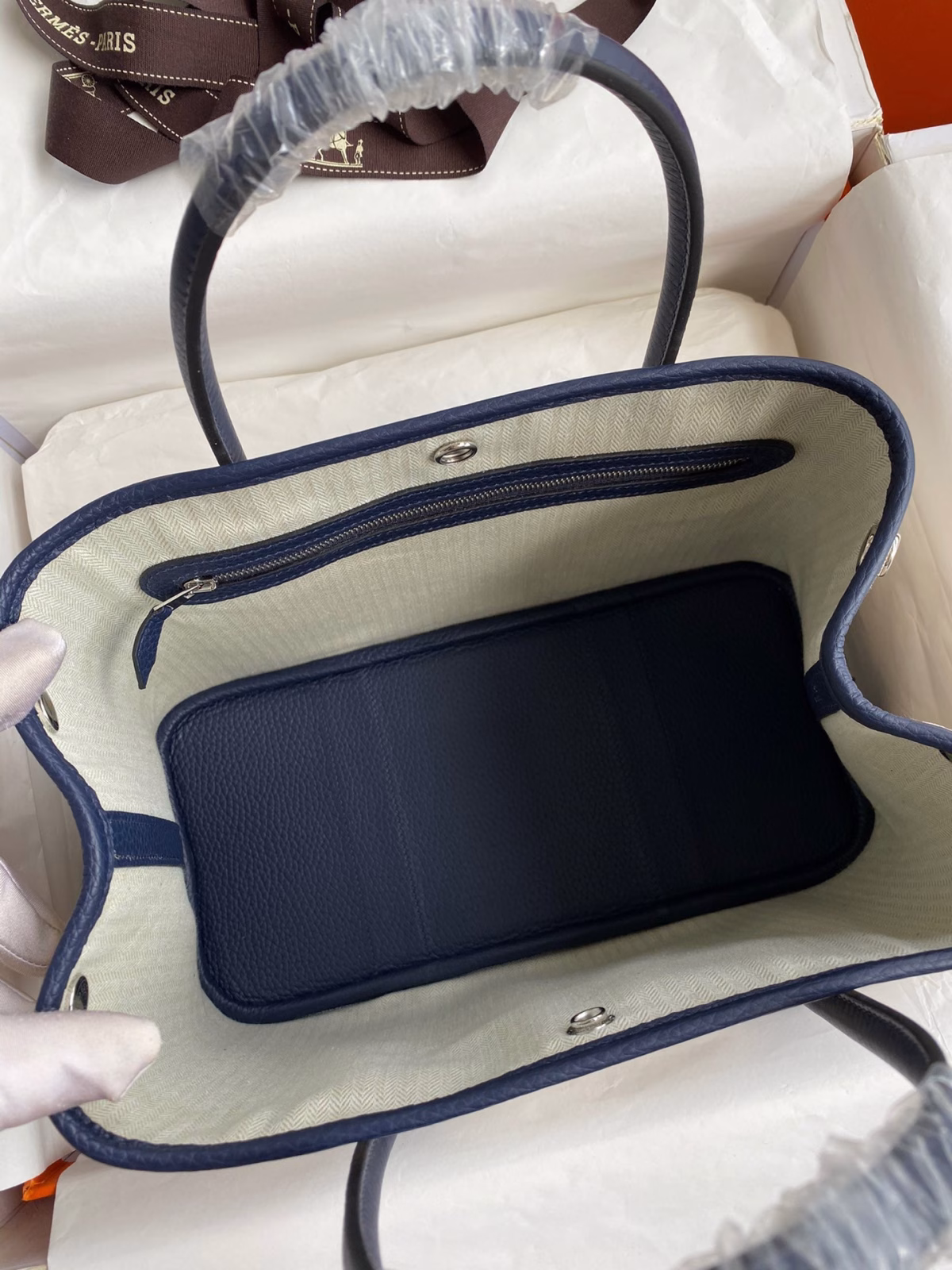 Hermes Garden Party 30 Handmade Bag in Toile and Blue Leather - Image 3