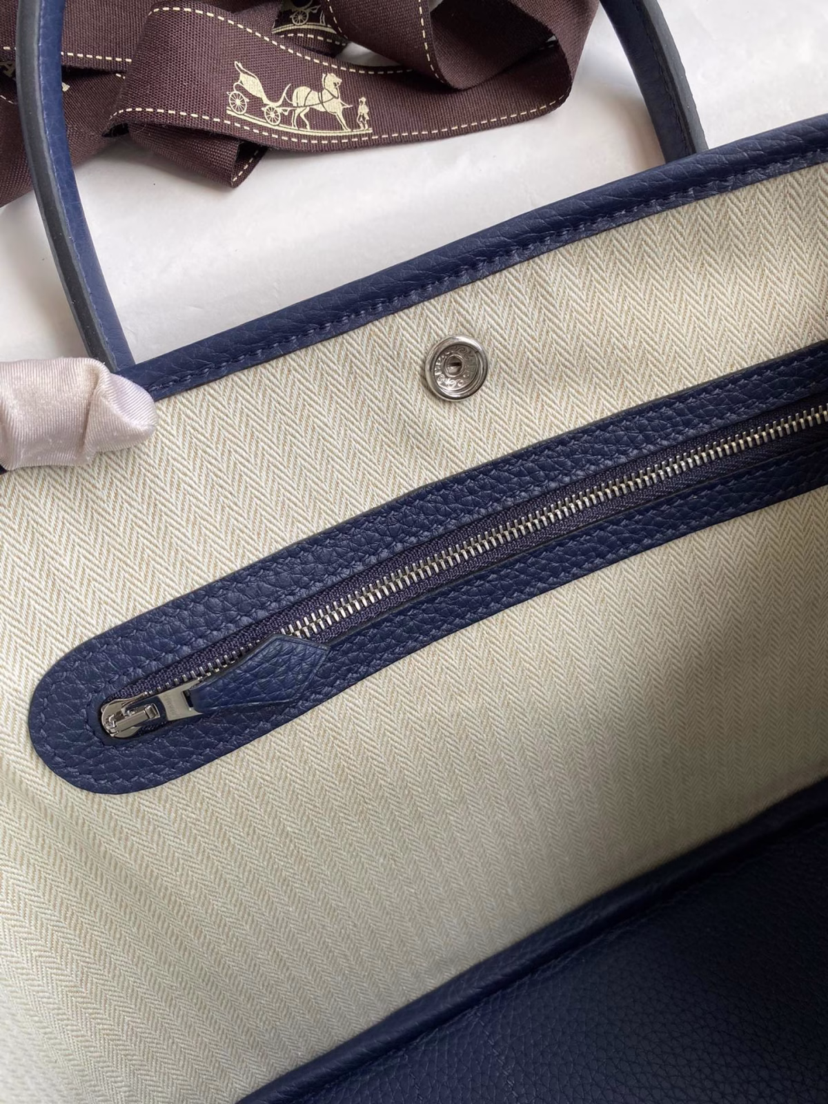 Hermes Garden Party 30 Handmade Bag in Toile and Blue Leather - Image 7