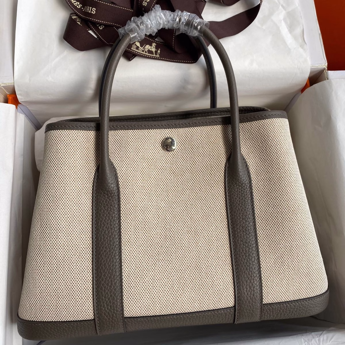 Hermes Garden Party 30 Handmade Bag in Toile and Etain Leather - Image 1