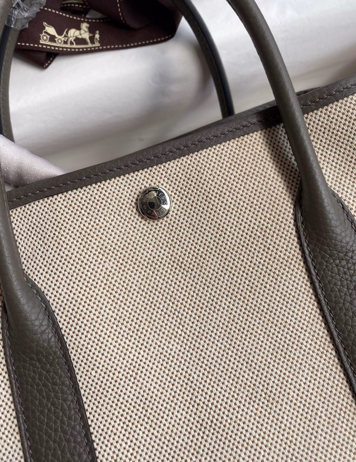 Hermes Garden Party 30 Handmade Bag in Toile and Etain Leather - Image 7