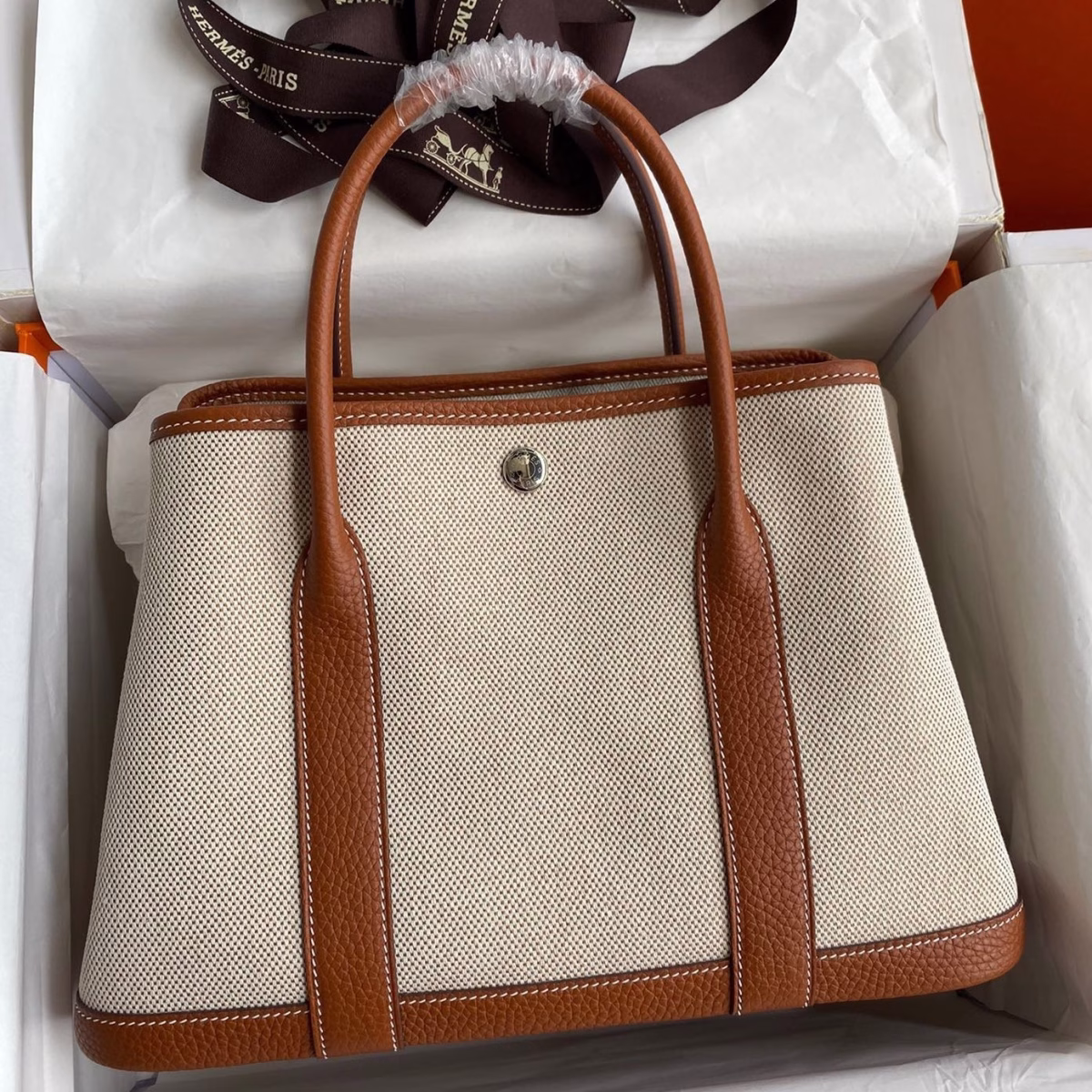 Hermes Garden Party 30 Handmade Bag in Toile and Gold Leather - Image 1