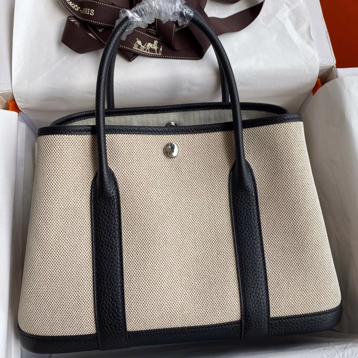 Hermes Garden Party 30 Handmade Bag in Toile and Black Leather - Image 1