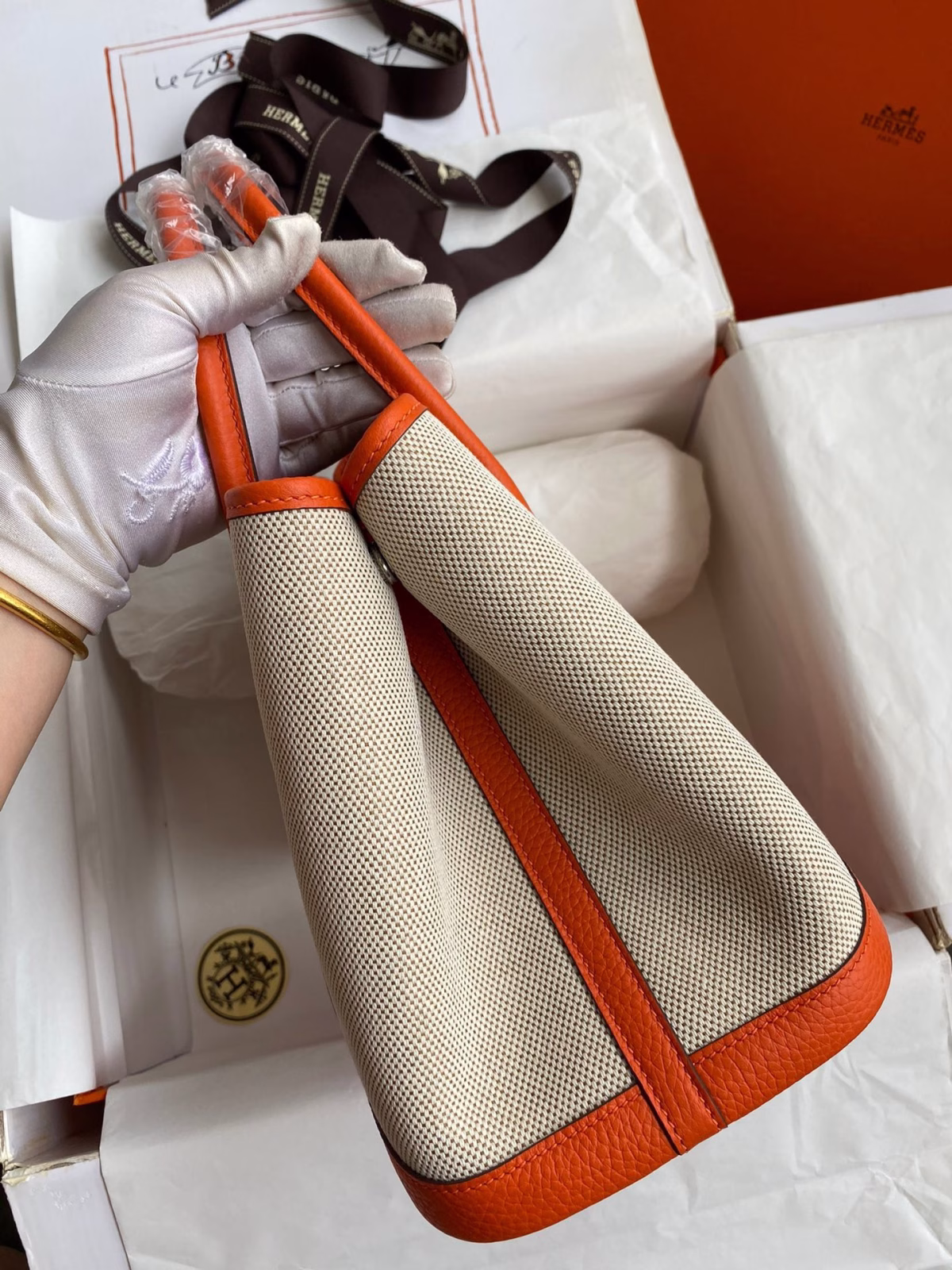 Hermes Garden Party 30 Handmade Bag in Toile and Orange Leather - Image 9
