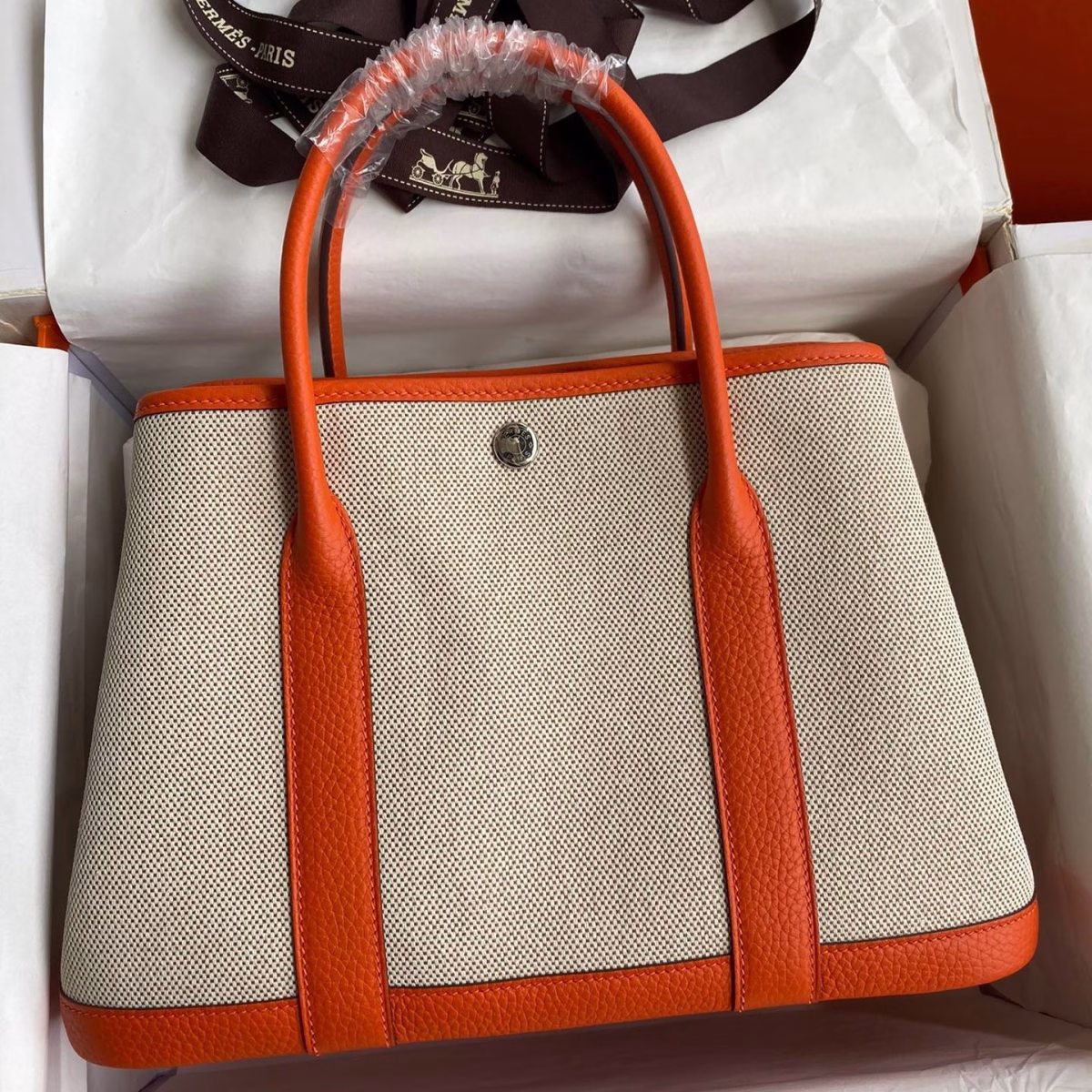 Hermes Garden Party 30 Handmade Bag in Toile and Orange Leather - Image 1
