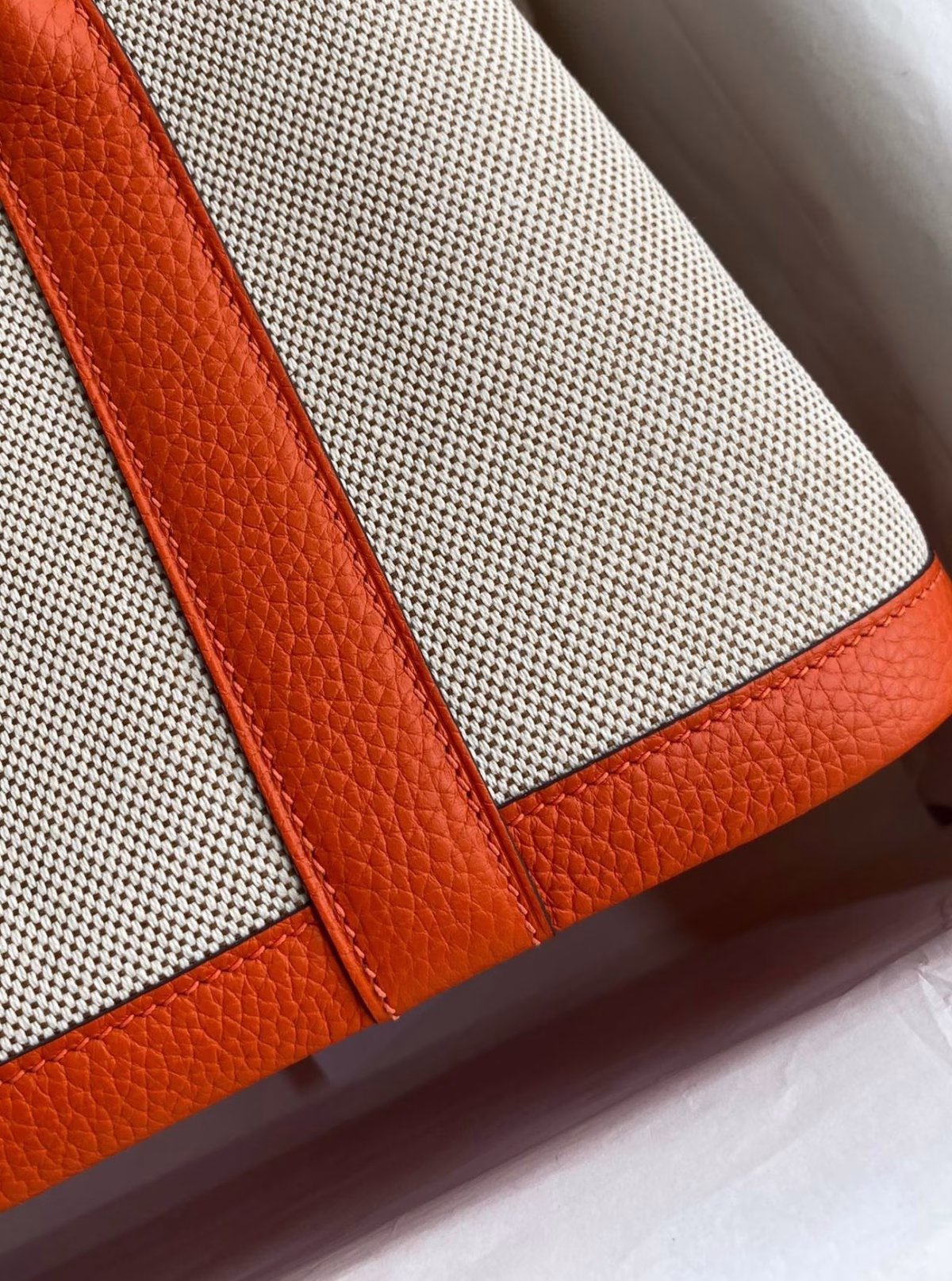 Hermes Garden Party 30 Handmade Bag in Toile and Orange Leather - Image 6