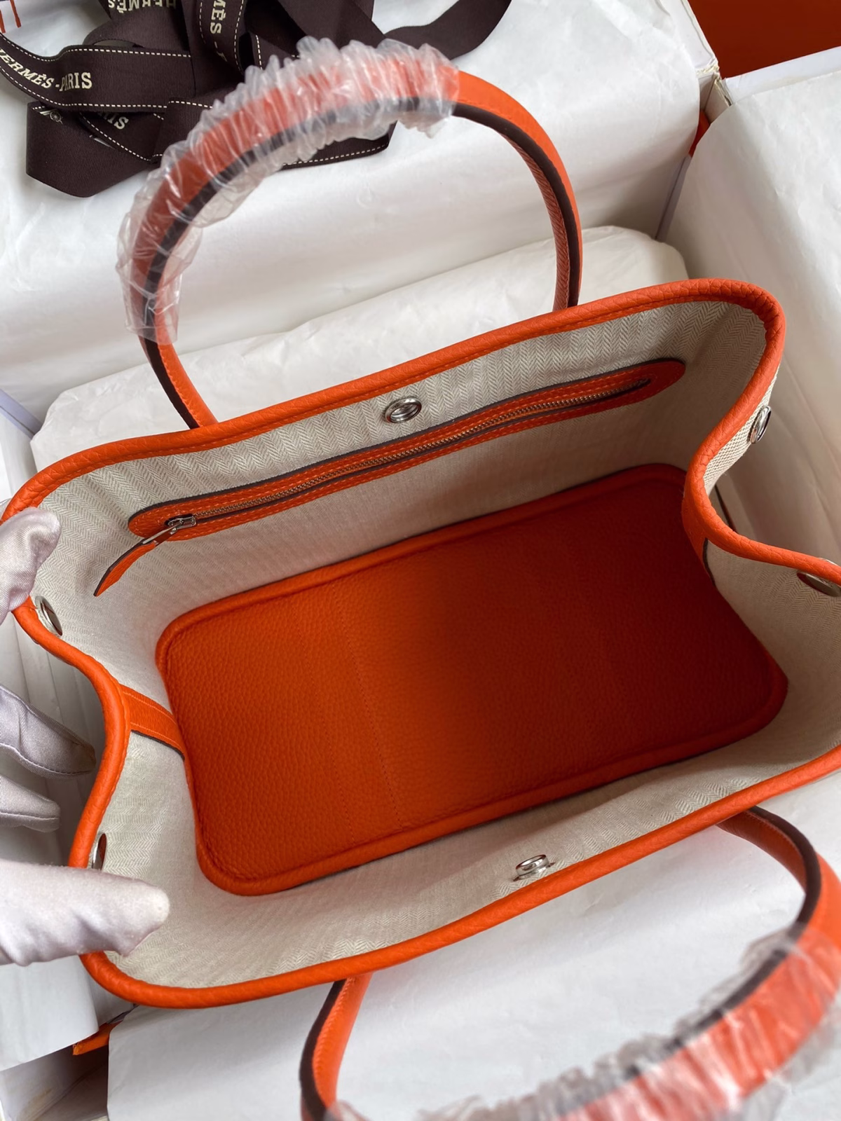 Hermes Garden Party 30 Handmade Bag in Toile and Orange Leather - Image 4