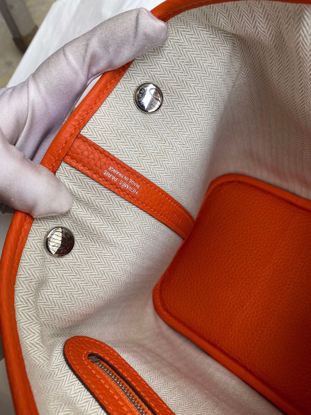Hermes Garden Party 30 Handmade Bag in Toile and Orange Leather - Image 8