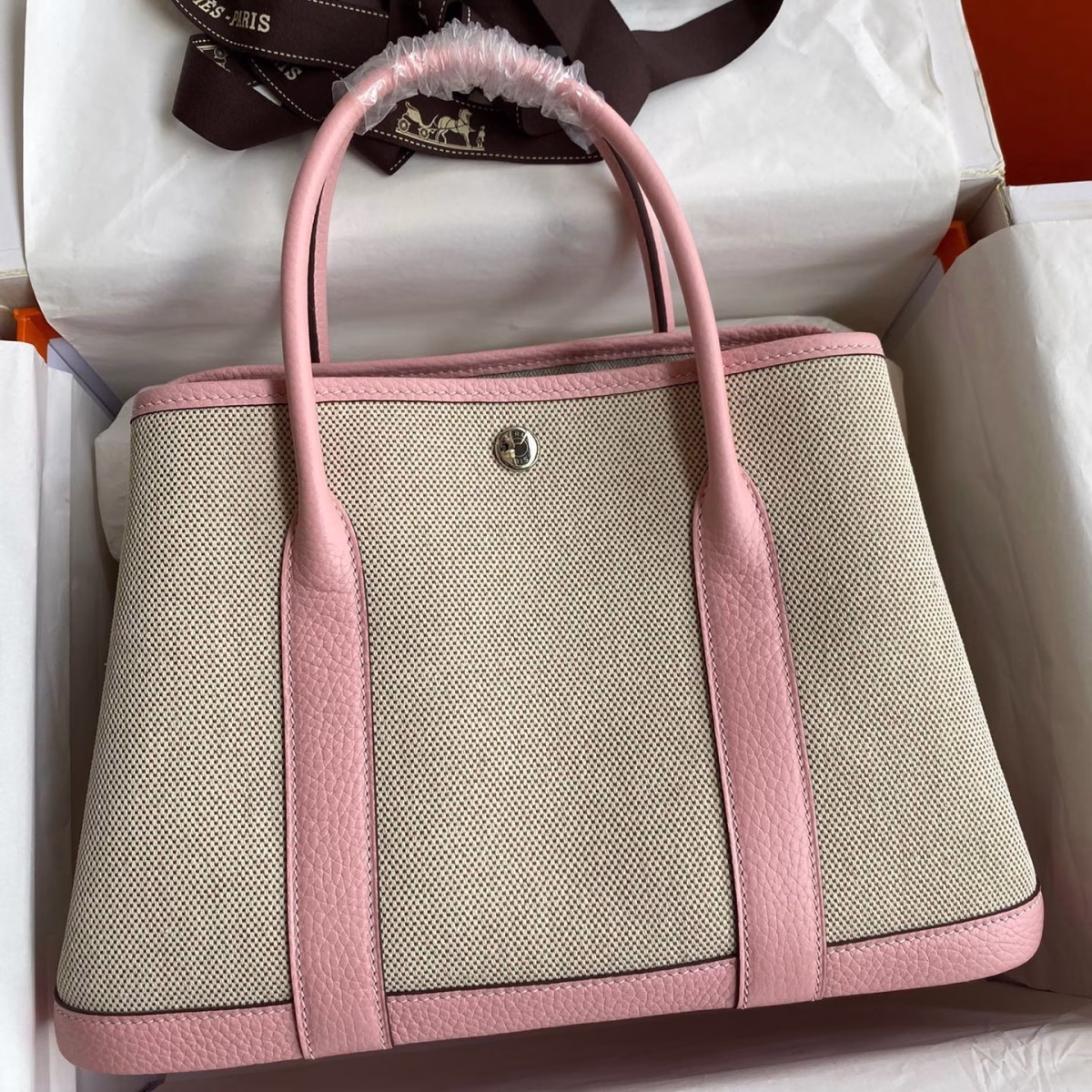 Hermes Garden Party 30 Handmade Bag in Toile and Pink Leather - Image 1