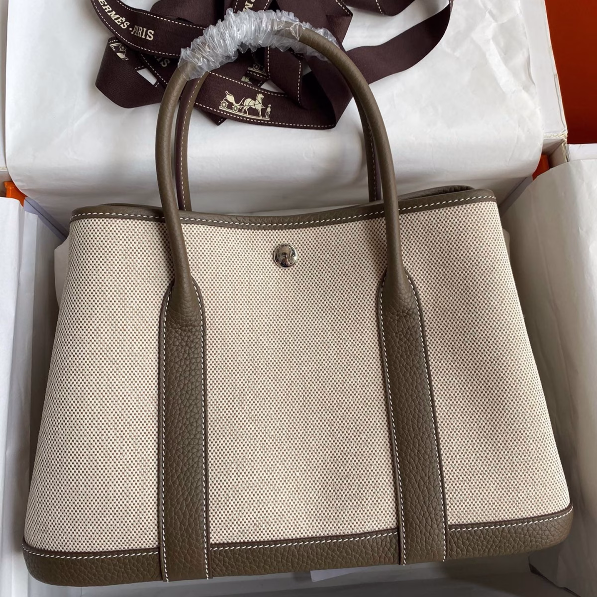 Hermes Garden Party 30 Handmade Bag in Toile and Taupe Leather - Image 1