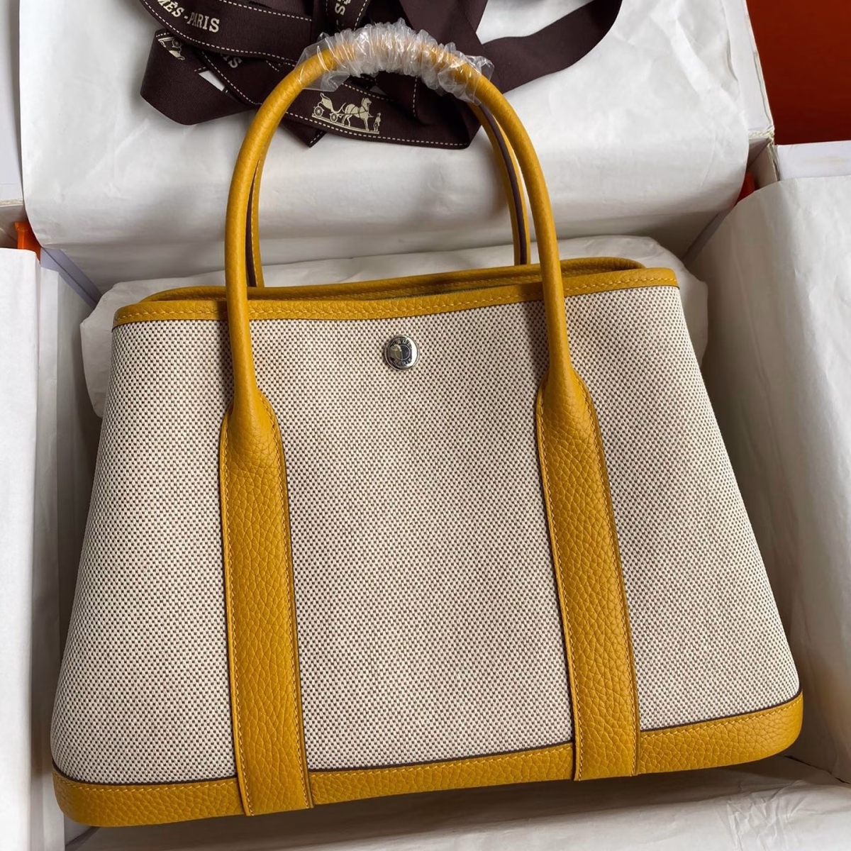 Hermes Garden Party 30 Handmade Bag in Toile and Yellow Leather - Image 1