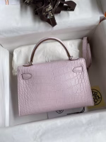 Hermes Kelly Mini II Sellier Handmade Bag In Mauve Pale Matte Alligator Leathe - Image 6