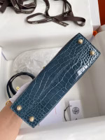 Hermes Kelly Mini II Sellier Handmade Bag In Blue Jean Shiny Alligator Leather - Image 5