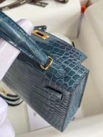Hermes Kelly Mini II Sellier Handmade Bag In Blue Jean Shiny Alligator Leather - Image 3