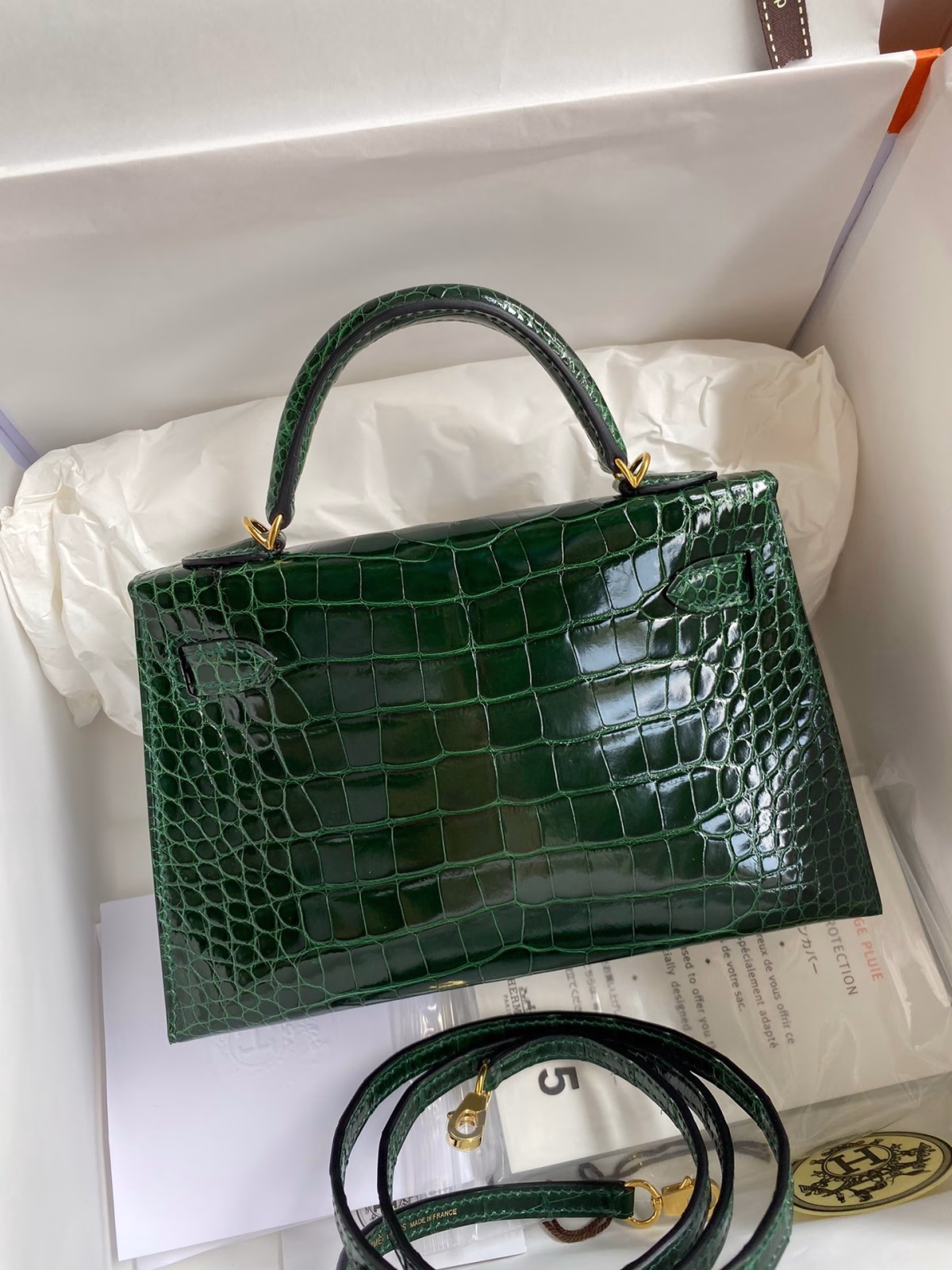 Hermes Kelly Mini II Sellier Handmade Bag In Malachite Shiny Alligator Leather - Image 6