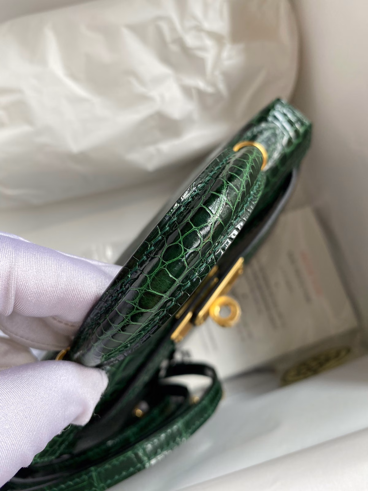Hermes Kelly Mini II Sellier Handmade Bag In Malachite Shiny Alligator Leather - Image 5