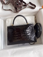 Hermes Kelly Mini II Sellier Handmade Bag In Black Shiny Alligator Leather - Image 6