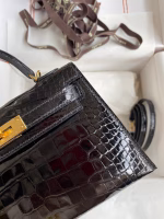 Hermes Kelly Mini II Sellier Handmade Bag In Black Shiny Alligator Leather - Image 8
