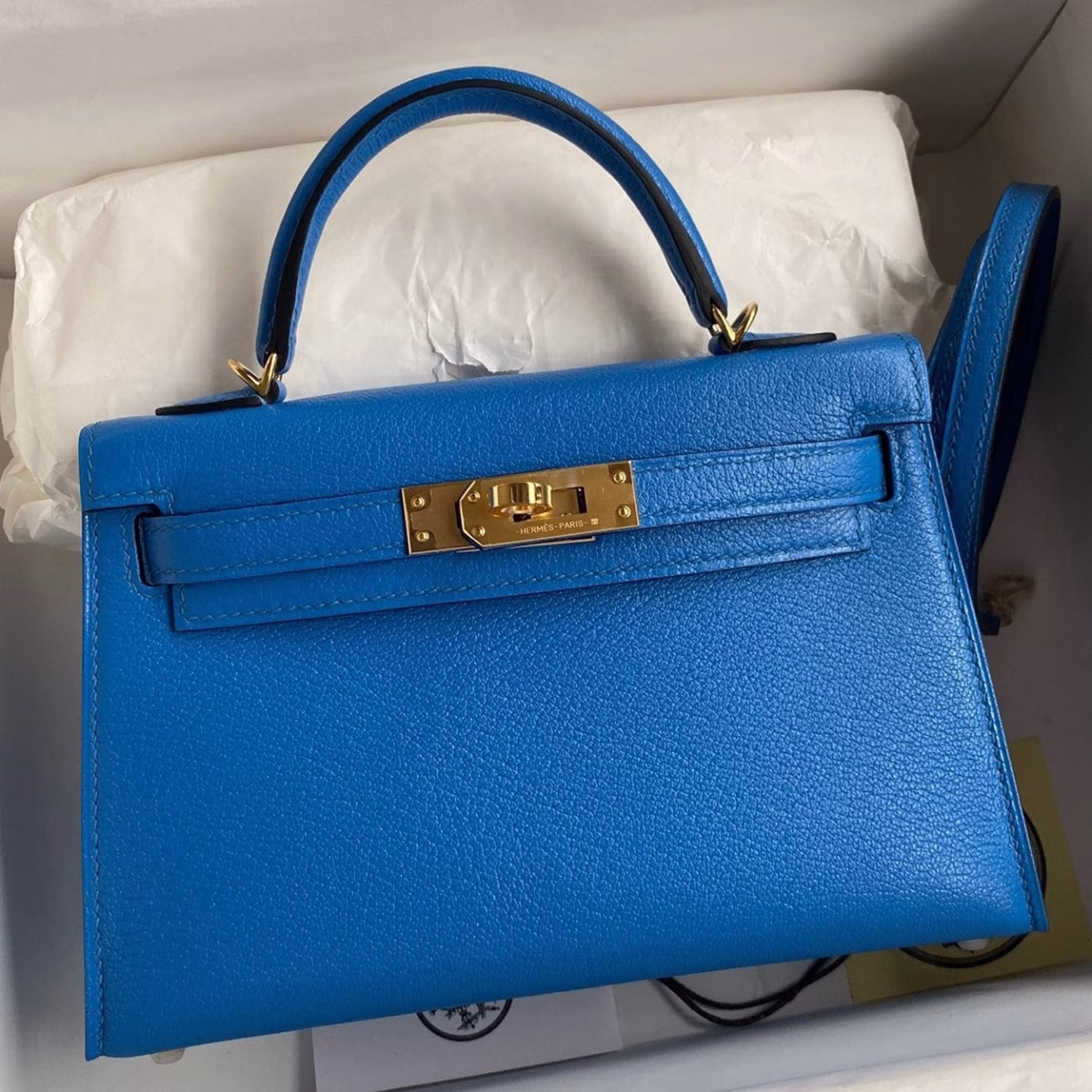 Hermes Kelly Mini II Sellier Handmade Bag In Blue Hydra Chevre Mysore Leather - Image 1