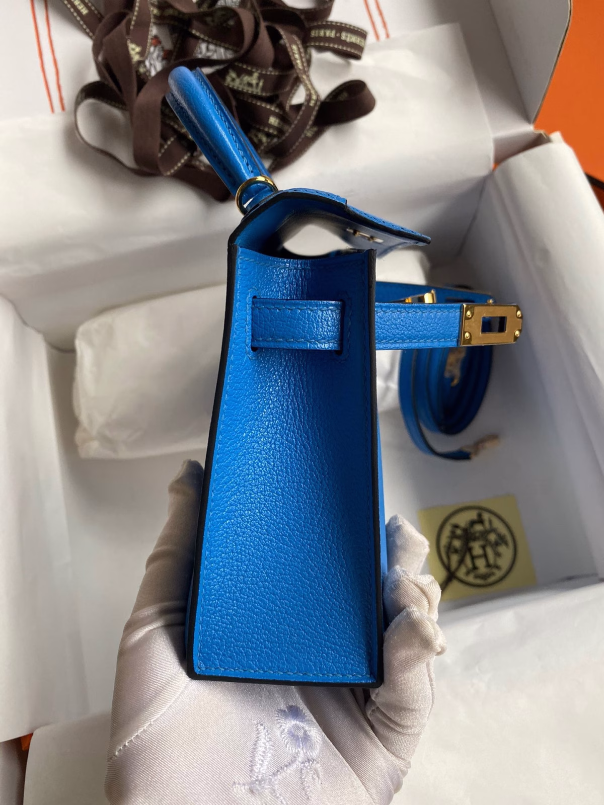 Hermes Kelly Mini II Sellier Handmade Bag In Blue Hydra Chevre Mysore Leather - Image 3