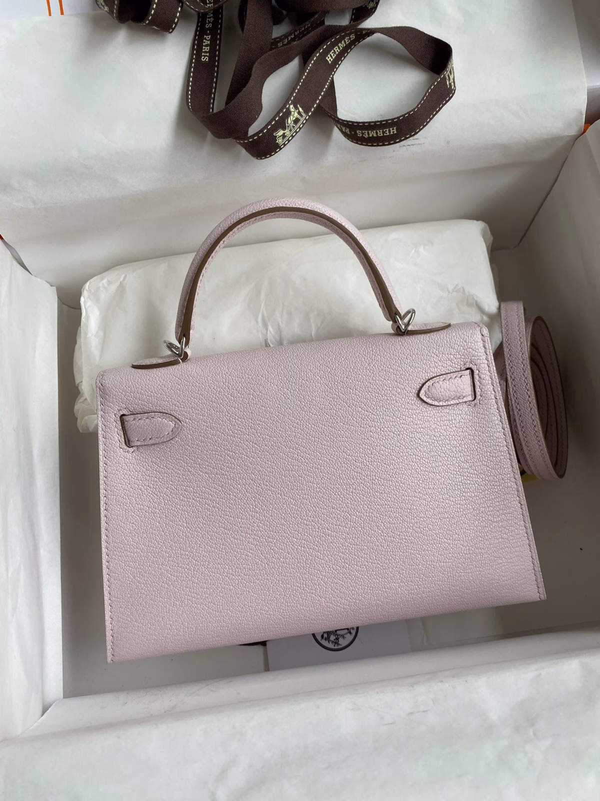 Hermes Kelly Mini II Sellier Handmade Bag In Mauve Pale Chevre Mysore Leather - Image 6