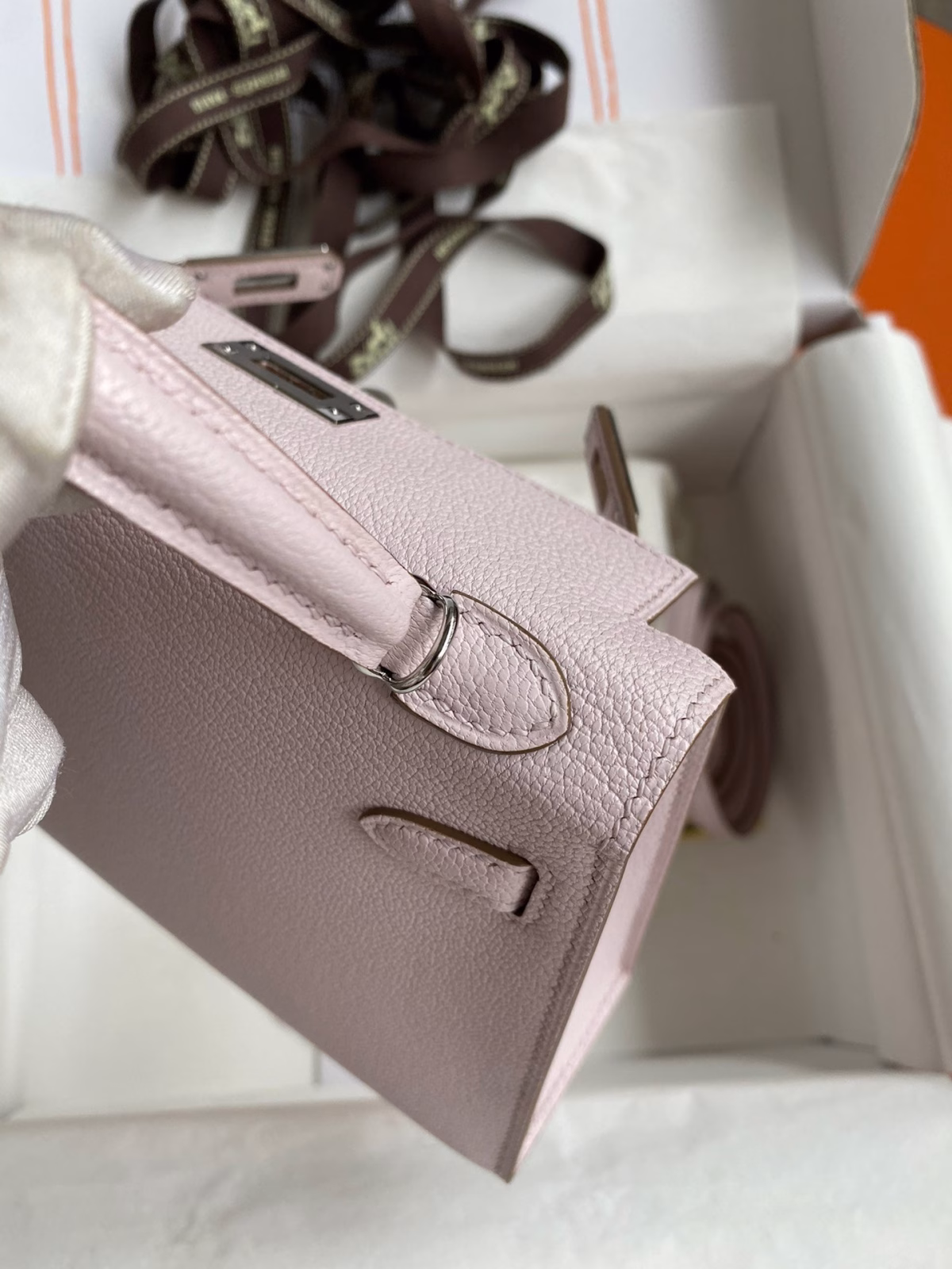 Hermes Kelly Mini II Sellier Handmade Bag In Mauve Pale Chevre Mysore Leather - Image 3