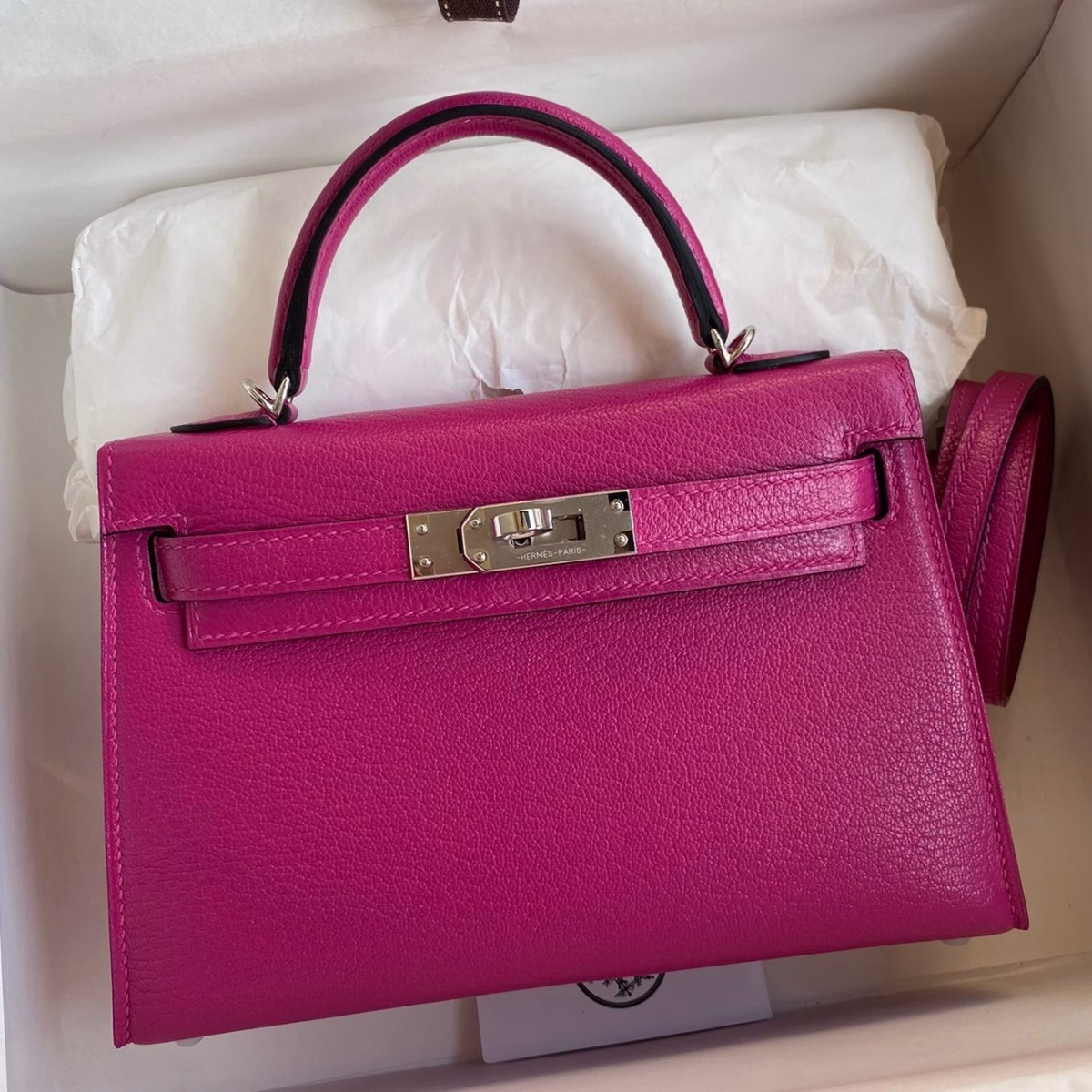 Hermes Kelly Mini II Sellier Handmade Bag In Rose Purple Chevre Mysore Leather - Image 1