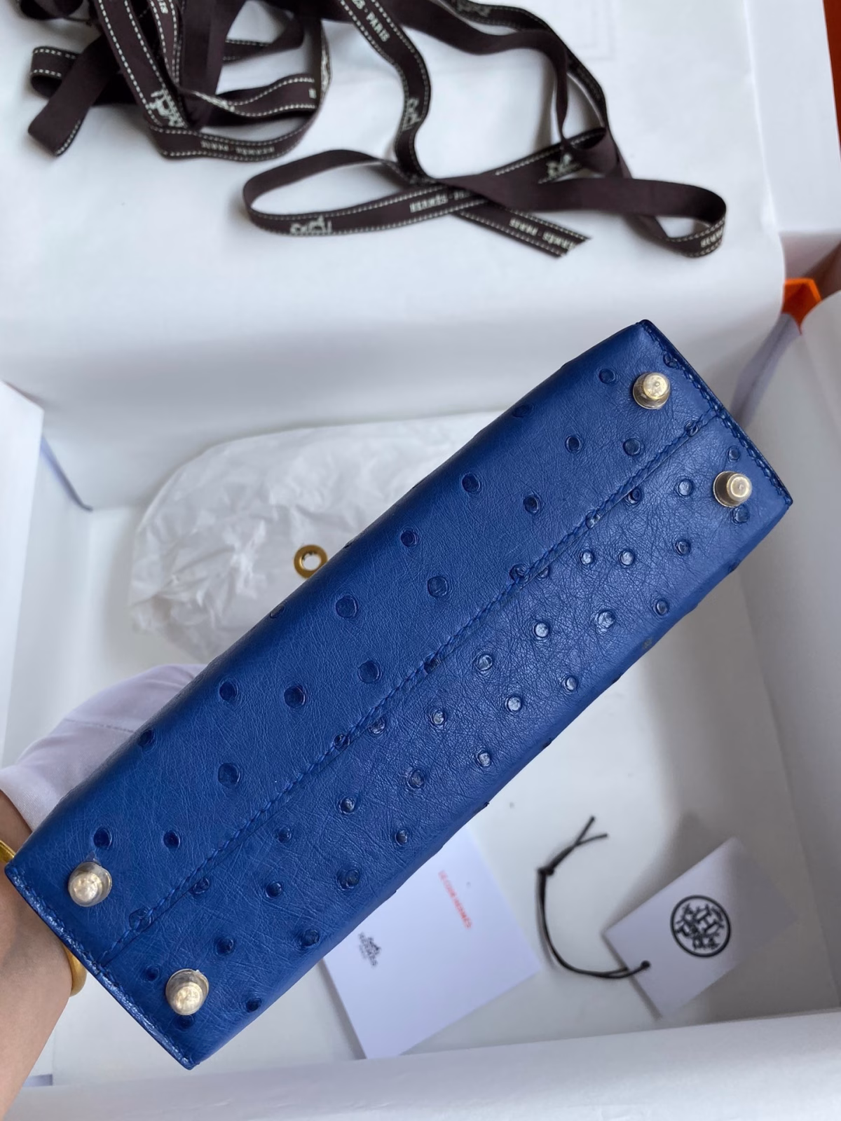 Hermes Kelly Mini II Sellier Handmade Bag In Blue Electric Ostrich Leather - Image 7
