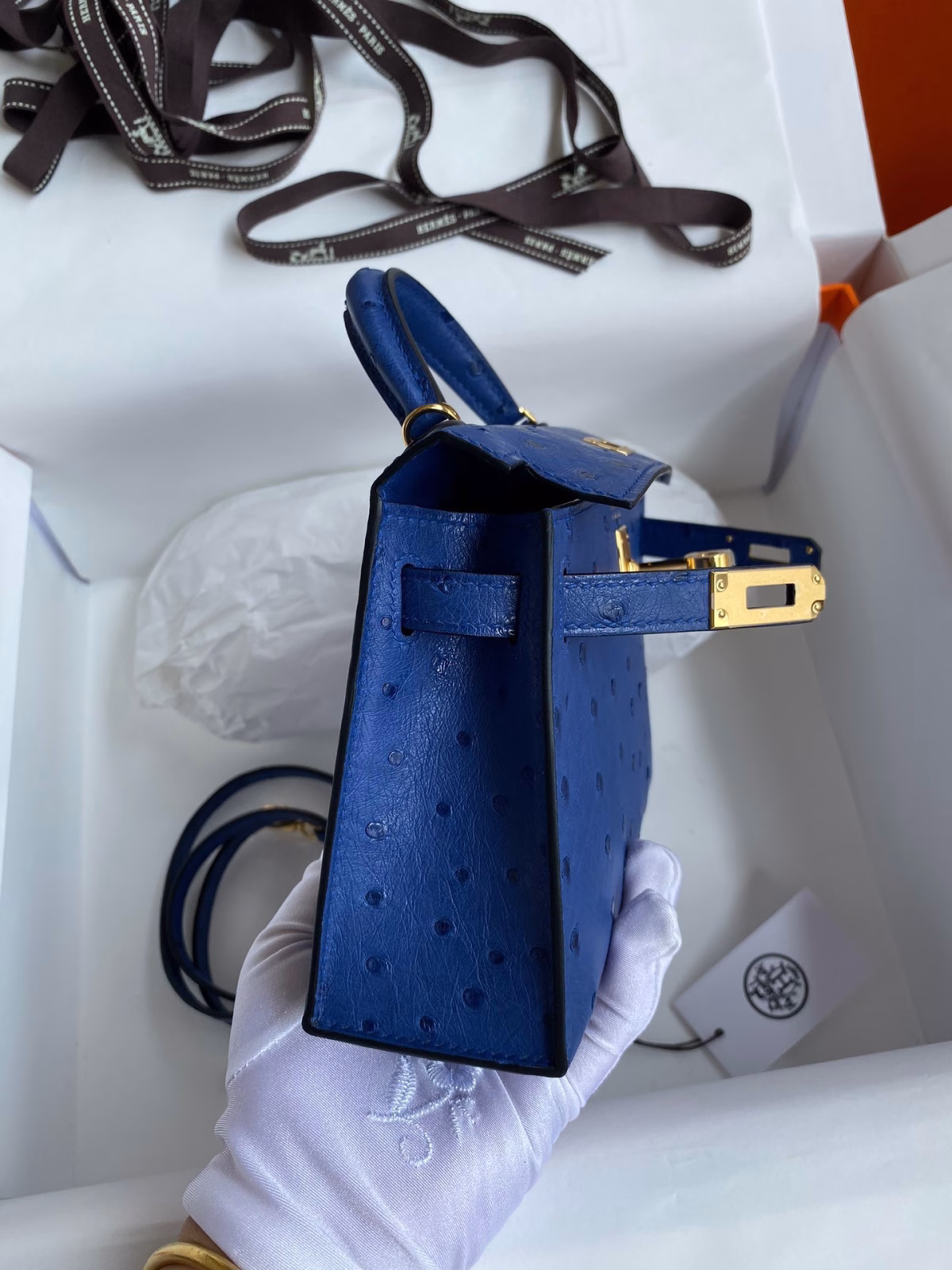 Hermes Kelly Mini II Sellier Handmade Bag In Blue Electric Ostrich Leather - Image 8