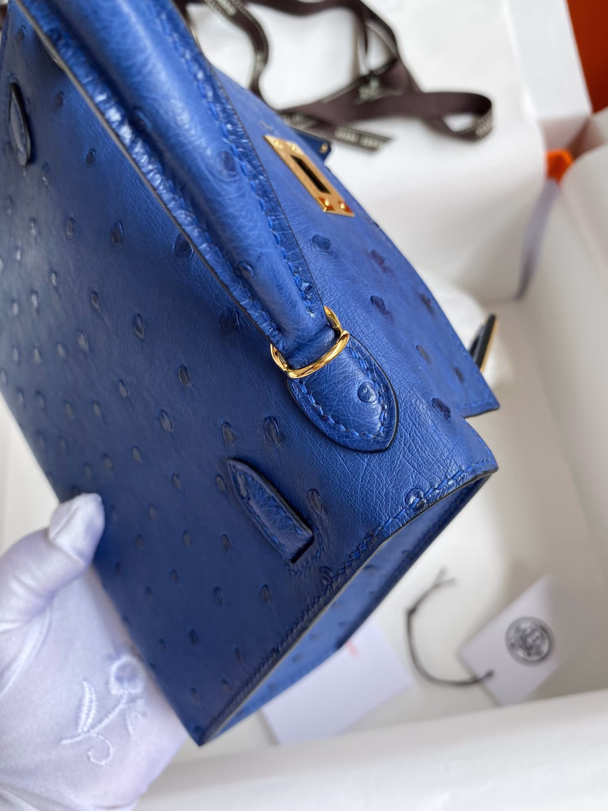 Hermes Kelly Mini II Sellier Handmade Bag In Blue Electric Ostrich Leather - Image 3