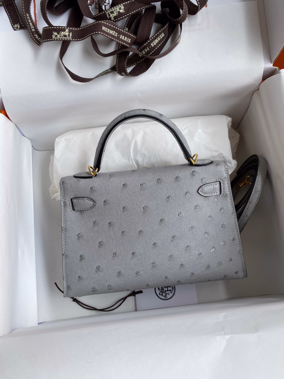 Hermes Kelly Mini II Sellier Handmade Bag In Bleu Glacier Ostrich Leather - Image 6