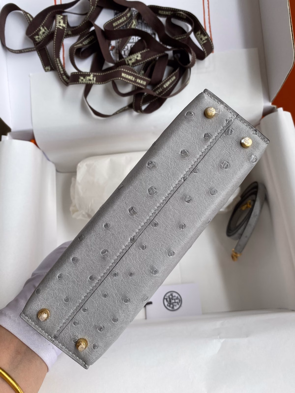 Hermes Kelly Mini II Sellier Handmade Bag In Bleu Glacier Ostrich Leather - Image 7