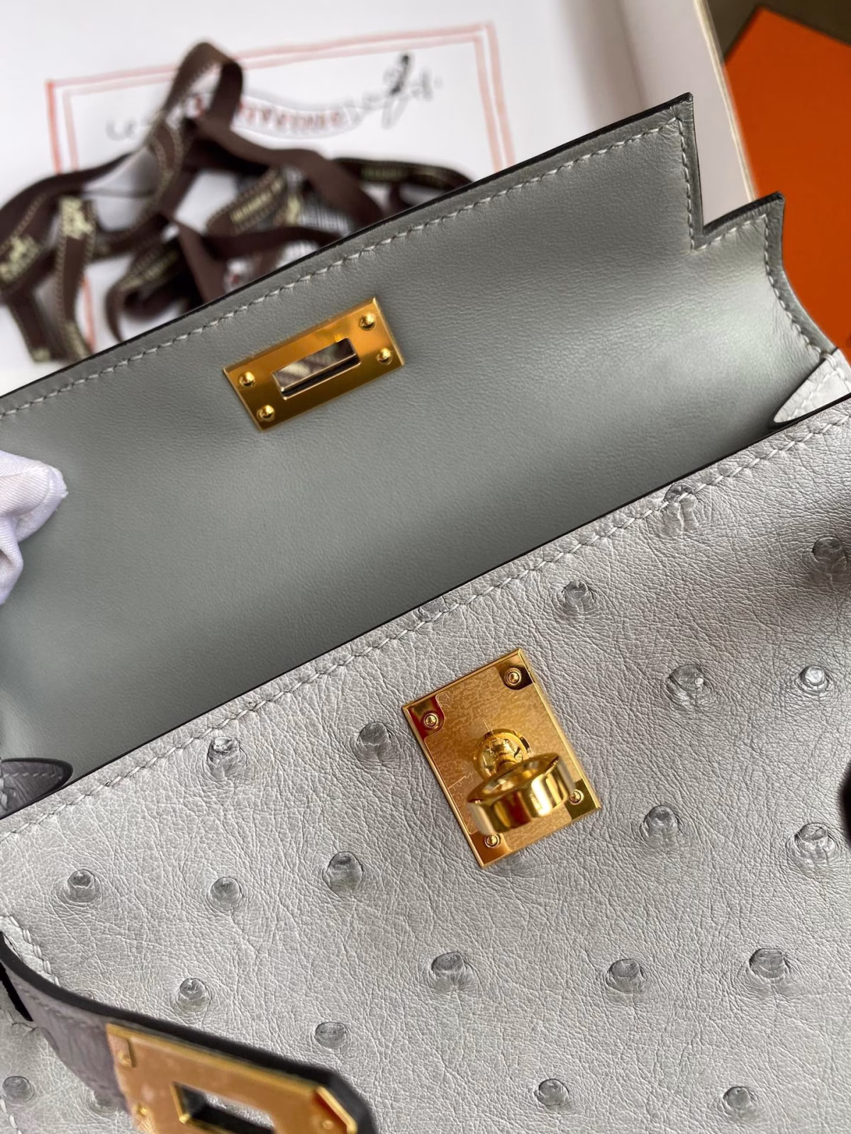 Hermes Kelly Mini II Sellier Handmade Bag In Bleu Glacier Ostrich Leather - Image 4