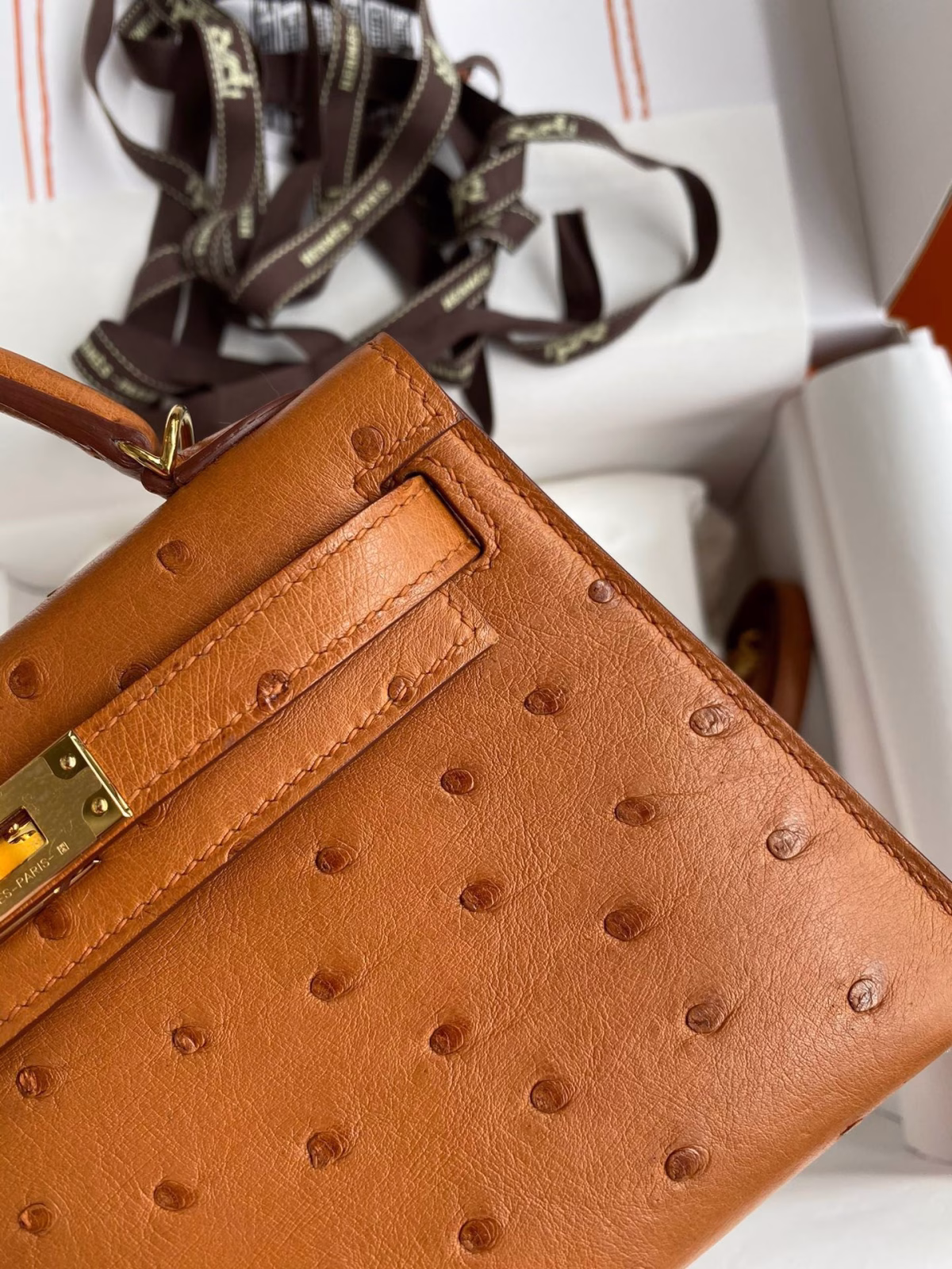 Hermes Kelly Mini II Sellier Handmade Bag In Gold Ostrich Leather - Image 9