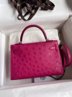 Hermes Kelly Mini II Sellier Handmade Bag In Rose Red Ostrich Leather - Image 9