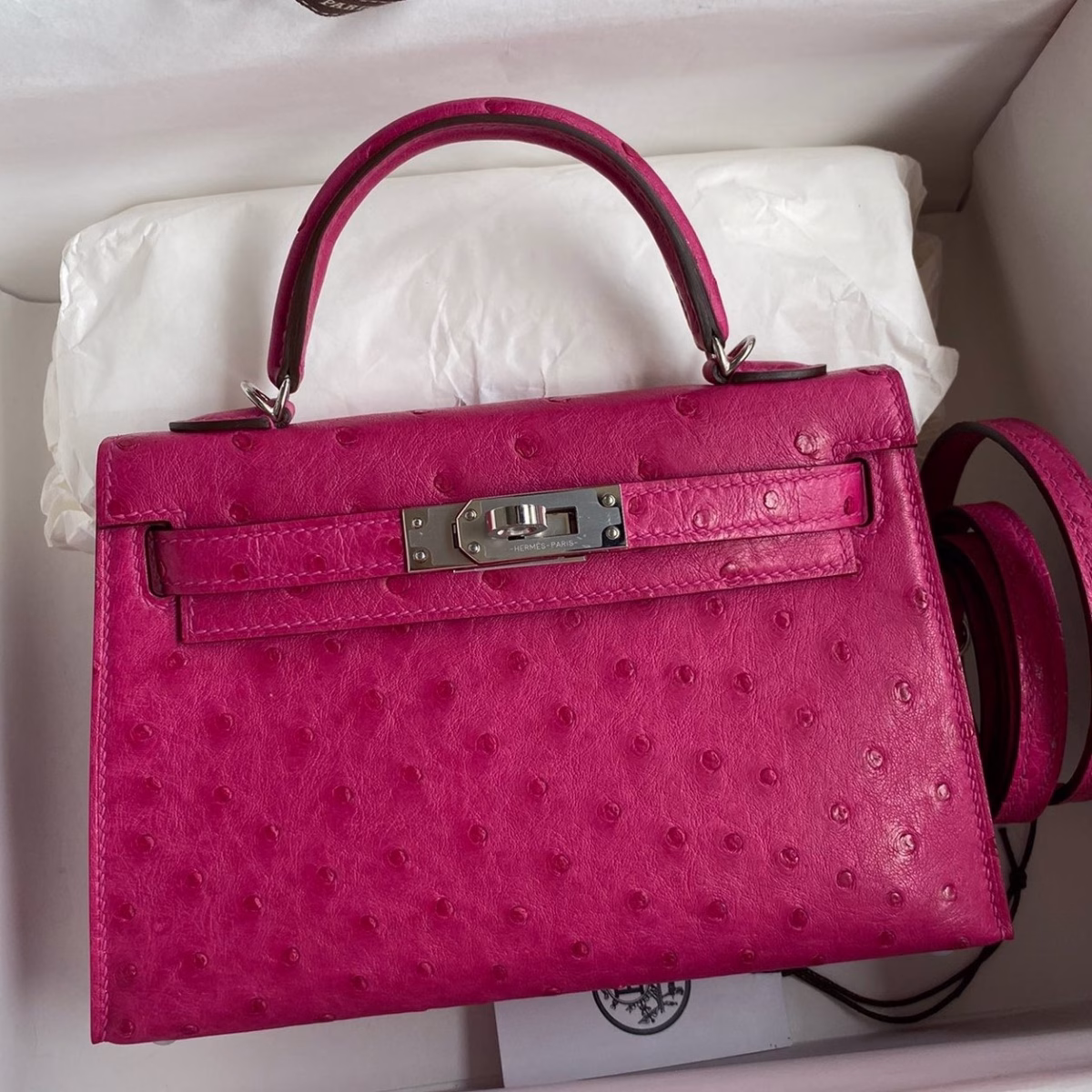 Hermes Kelly Mini II Sellier Handmade Bag In Rose Red Ostrich Leather - Image 1