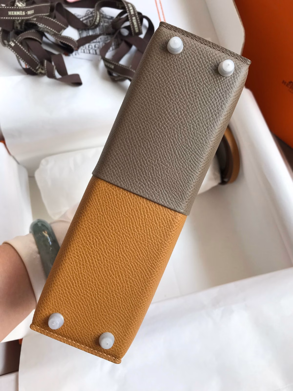 Hermes Kelly Mini II Sellier Tri-color Bag In Taupe/Sesame/Blue Nuit Epsom Calfskin - Image 7