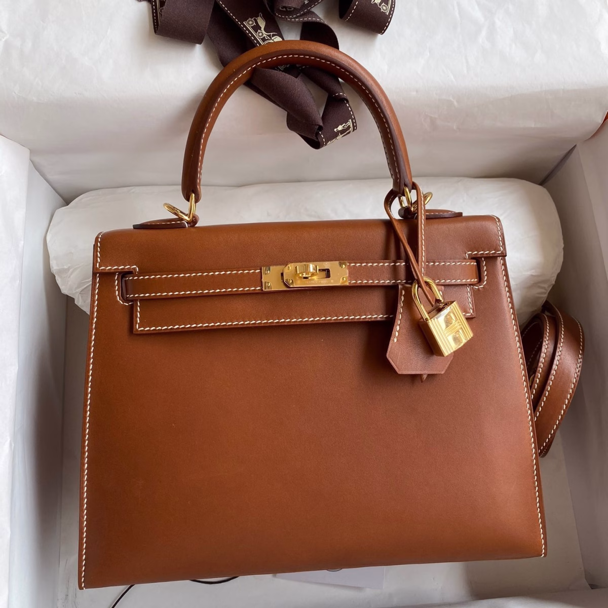 Hermes Kelly Sellier 25 Handmade Bag In Gold Barenia Calfskin - Image 1