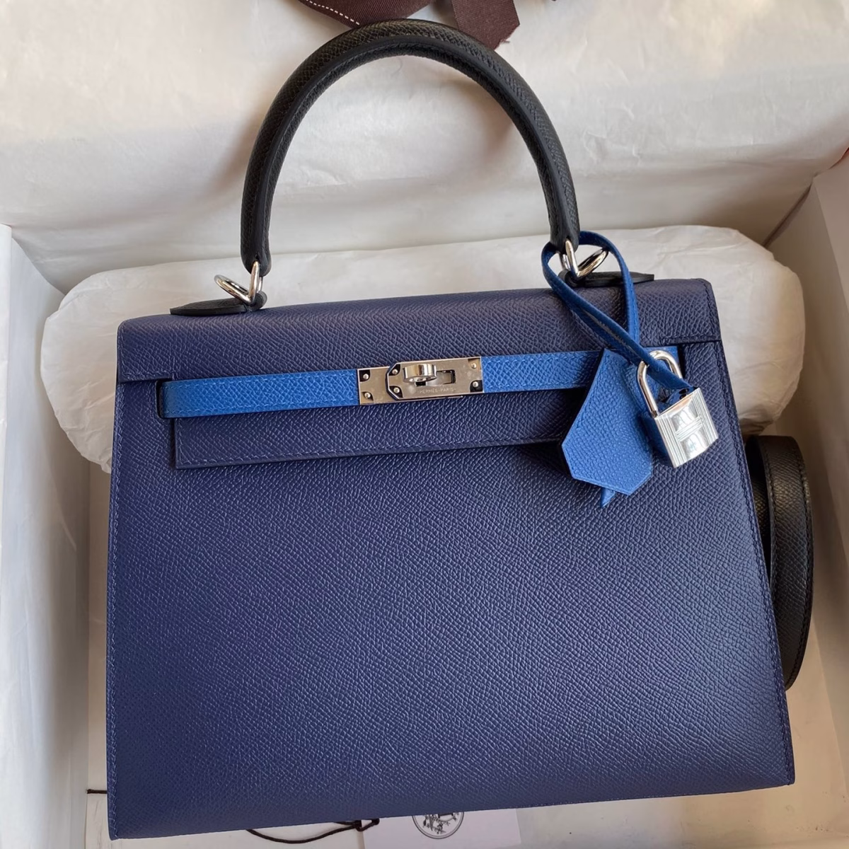 Hermes Kelly Sellier 25 Bicolor Bag in Blue Saphir and Blue France Epsom Calfskin - Image 1