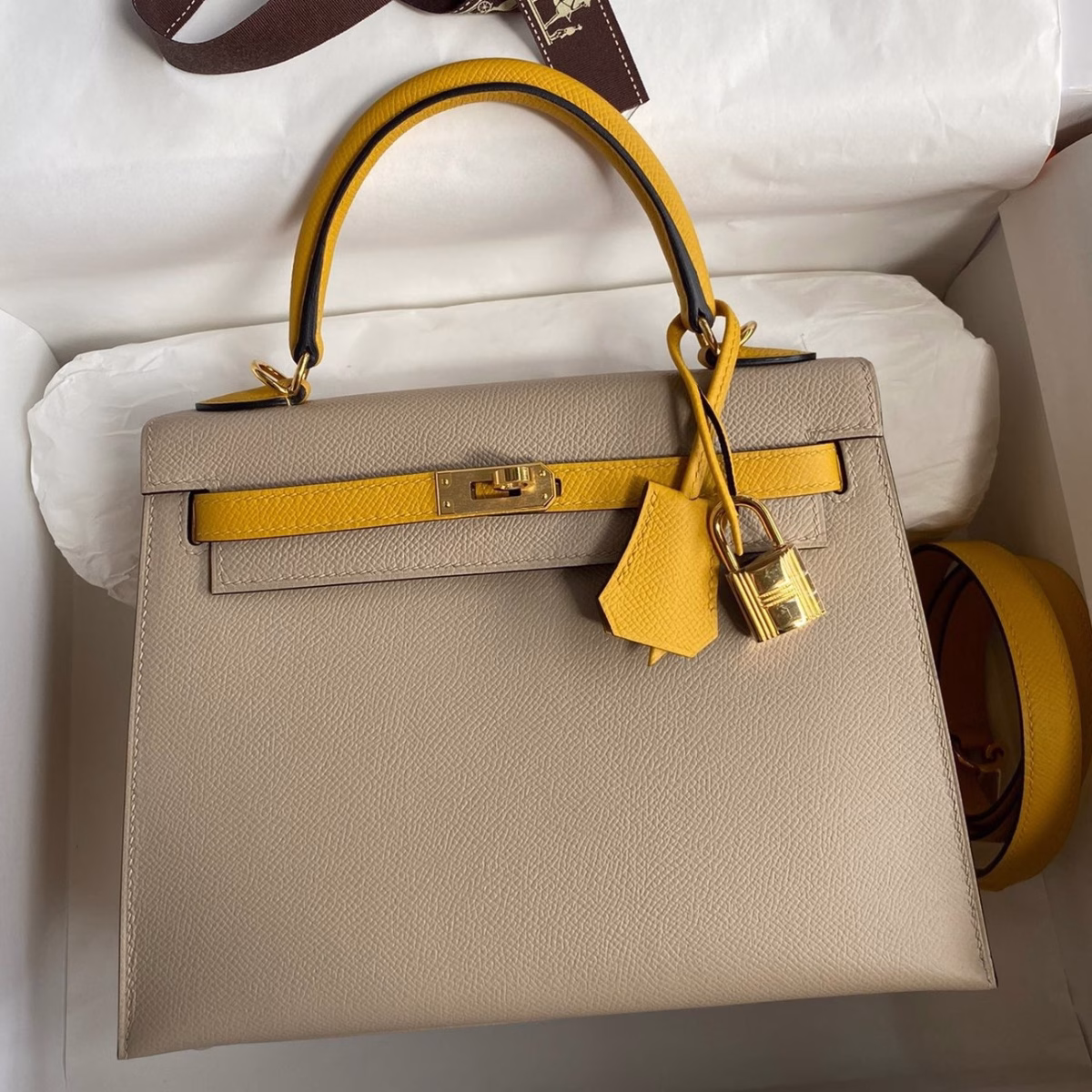 Hermes Kelly Sellier 25 Bicolor Bag in Trench and Yellow Epsom Calfskin - Image 1