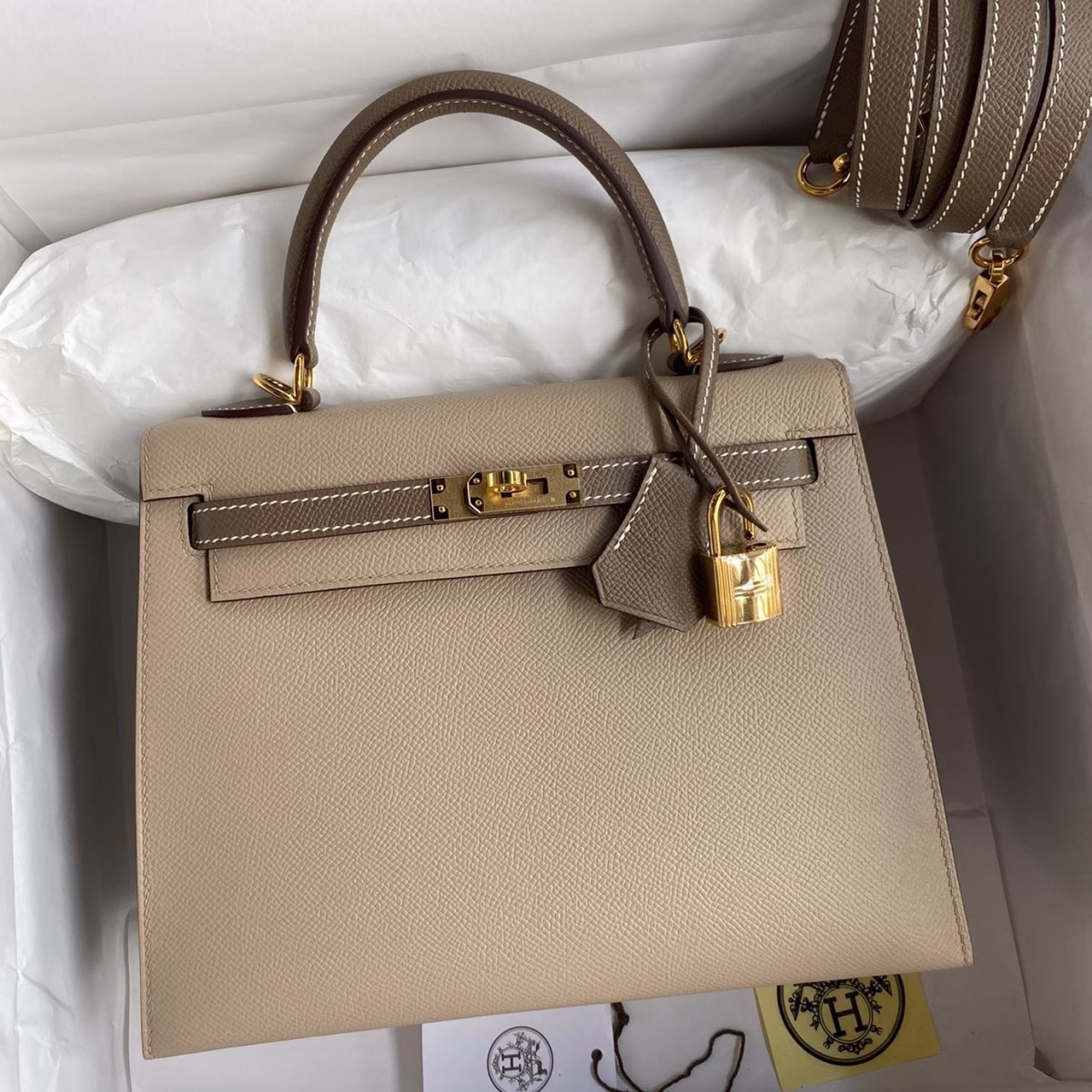 Hermes Kelly Sellier 25 Bicolor Bag in Trench and Taupe Epsom Calfskin - Image 1