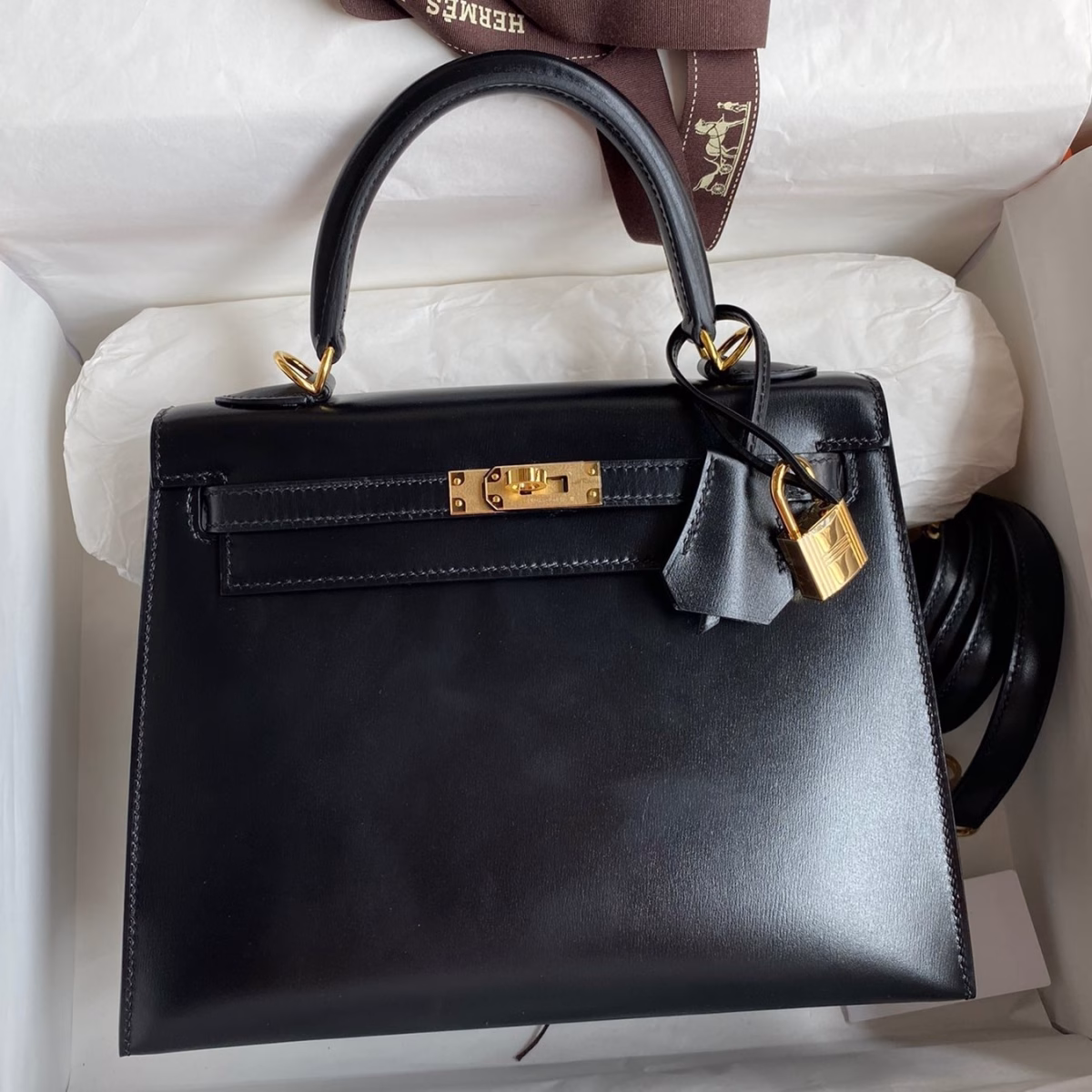 Hermes Kelly Sellier 25 Handmade Bag In Black Box Calfskin - Image 1
