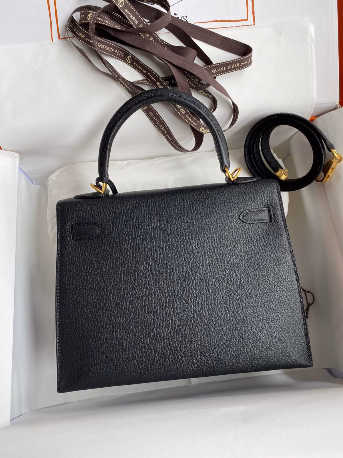 Hermes Kelly Sellier 25 Handmade Bag In Black Mysore Goatskin - Image 9