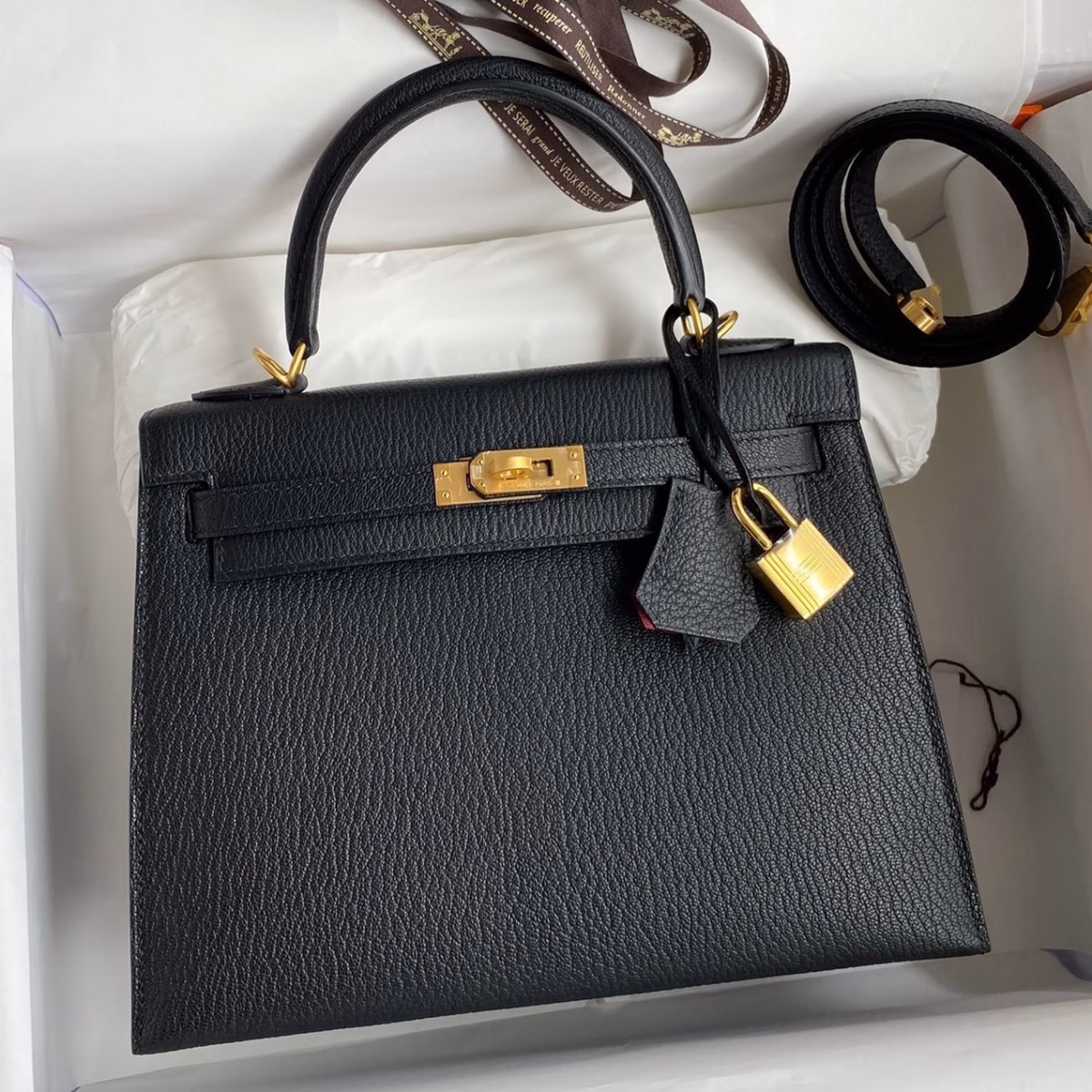 Hermes Kelly Sellier 25 Handmade Bag In Black Mysore Goatskin - Image 1