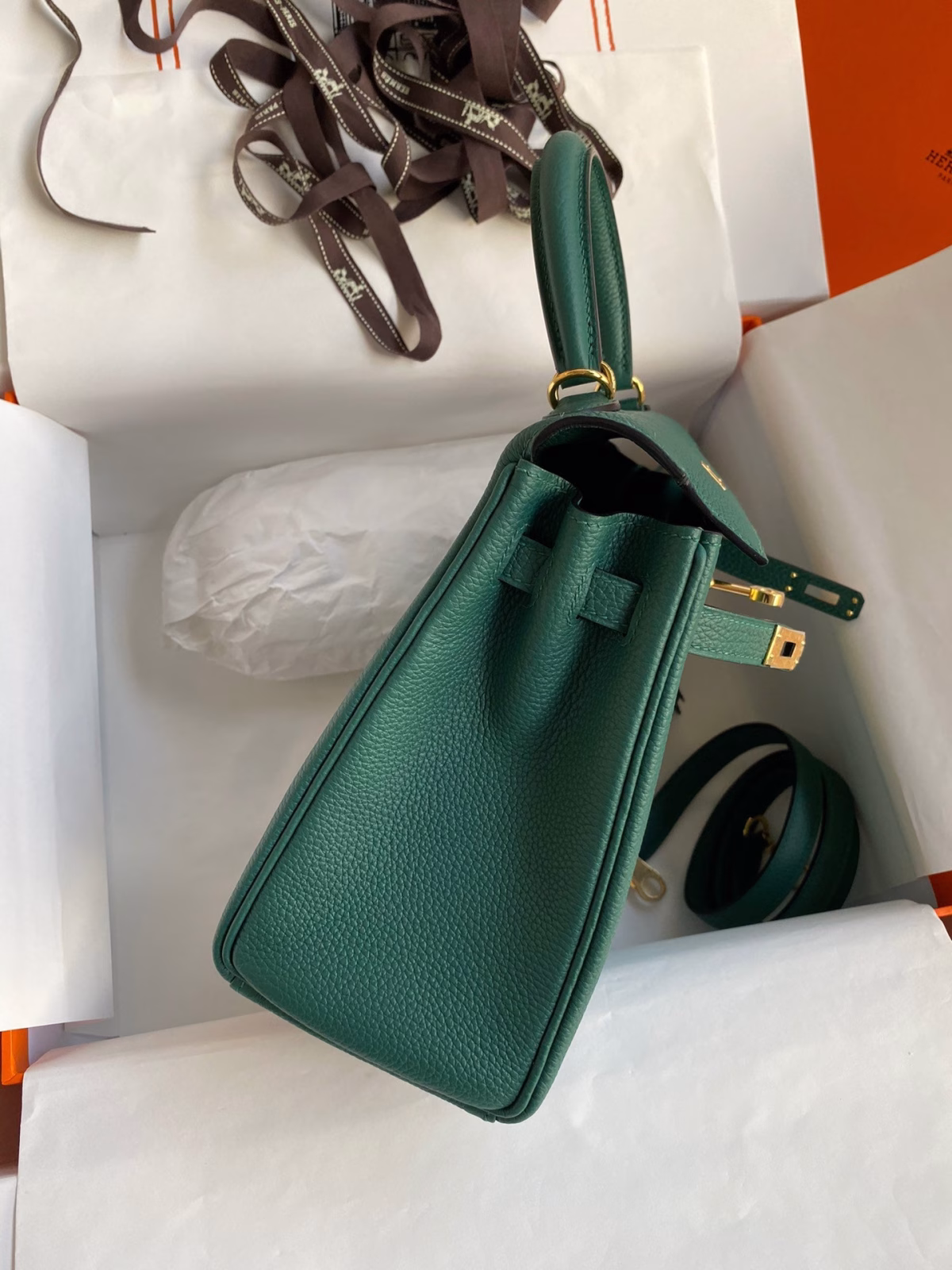 Hermes Kelly Retourne 25 Handmade Bag In Blue Paon Clemence Leather - Image 6